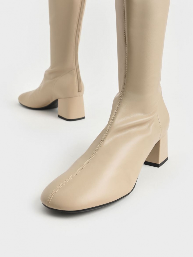 Charles & Keith Block Heel Kniehohe Stiefel Beige | 372FEWRIY