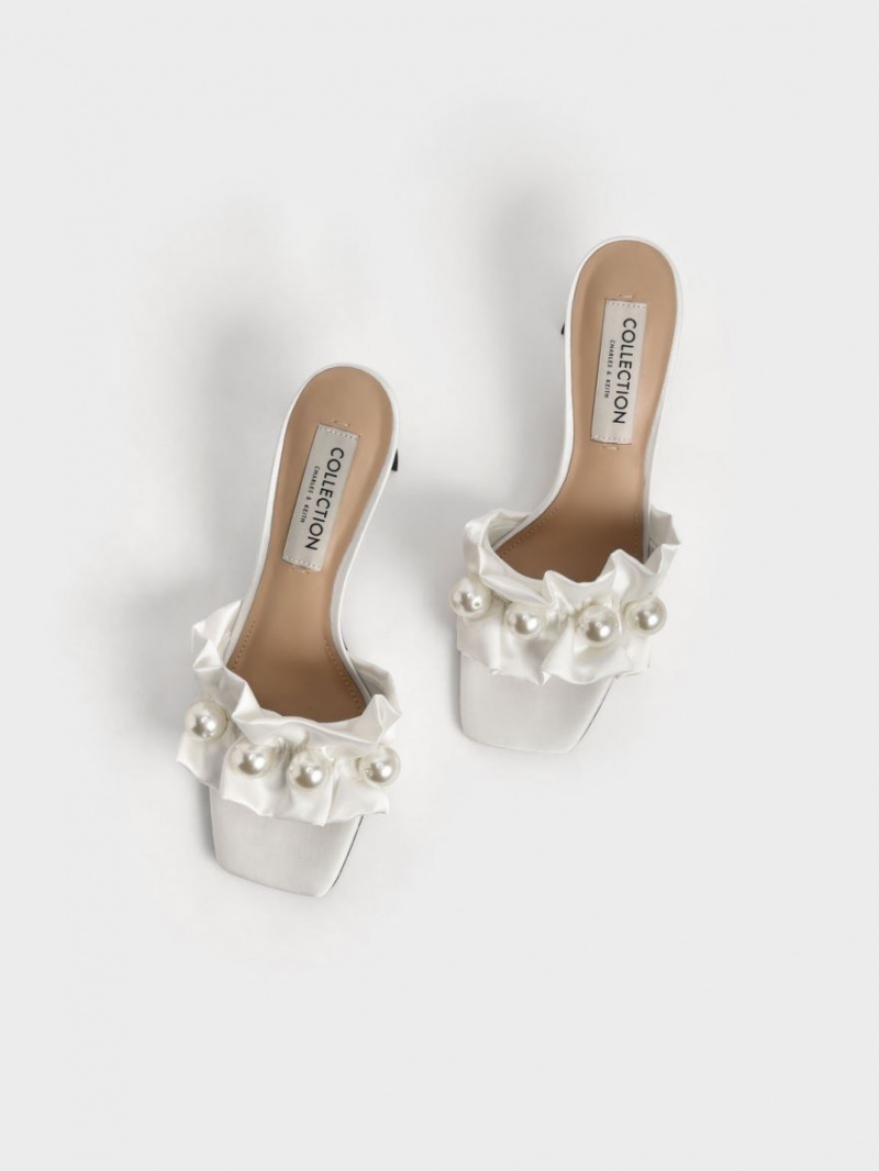 Charles & Keith Blythe Bead-Embellished Satin Mules Weiß | 271TULEXC