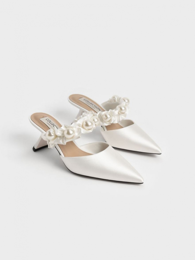 Charles & Keith Blythe Bead Embellished Satin Pumps Weiß | 398IYTGBH