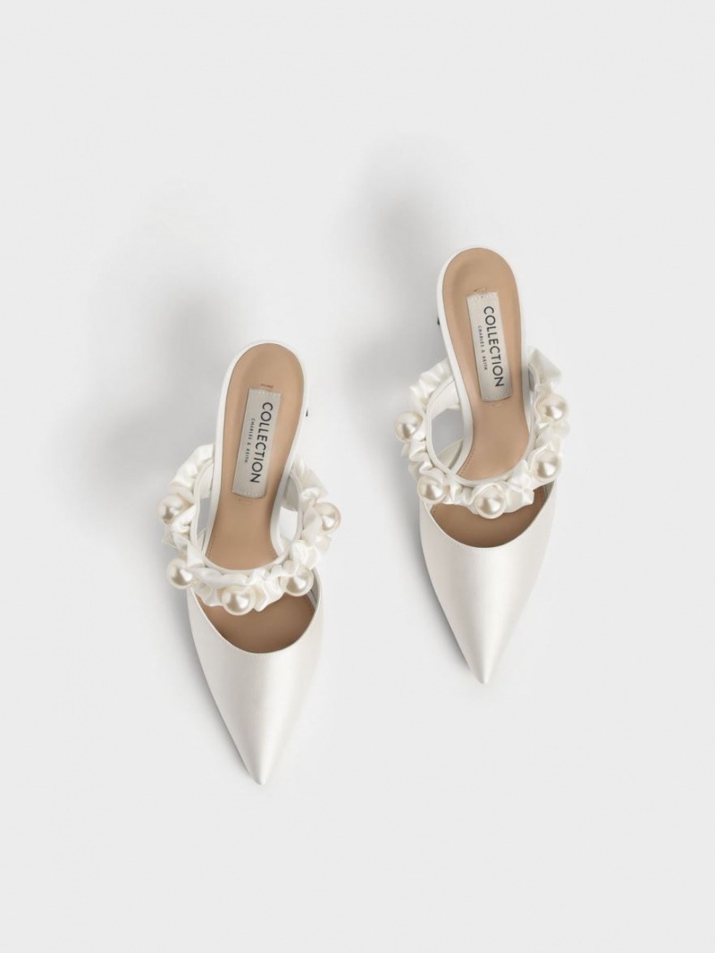 Charles & Keith Blythe Bead Embellished Satin Pumps Weiß | 398IYTGBH