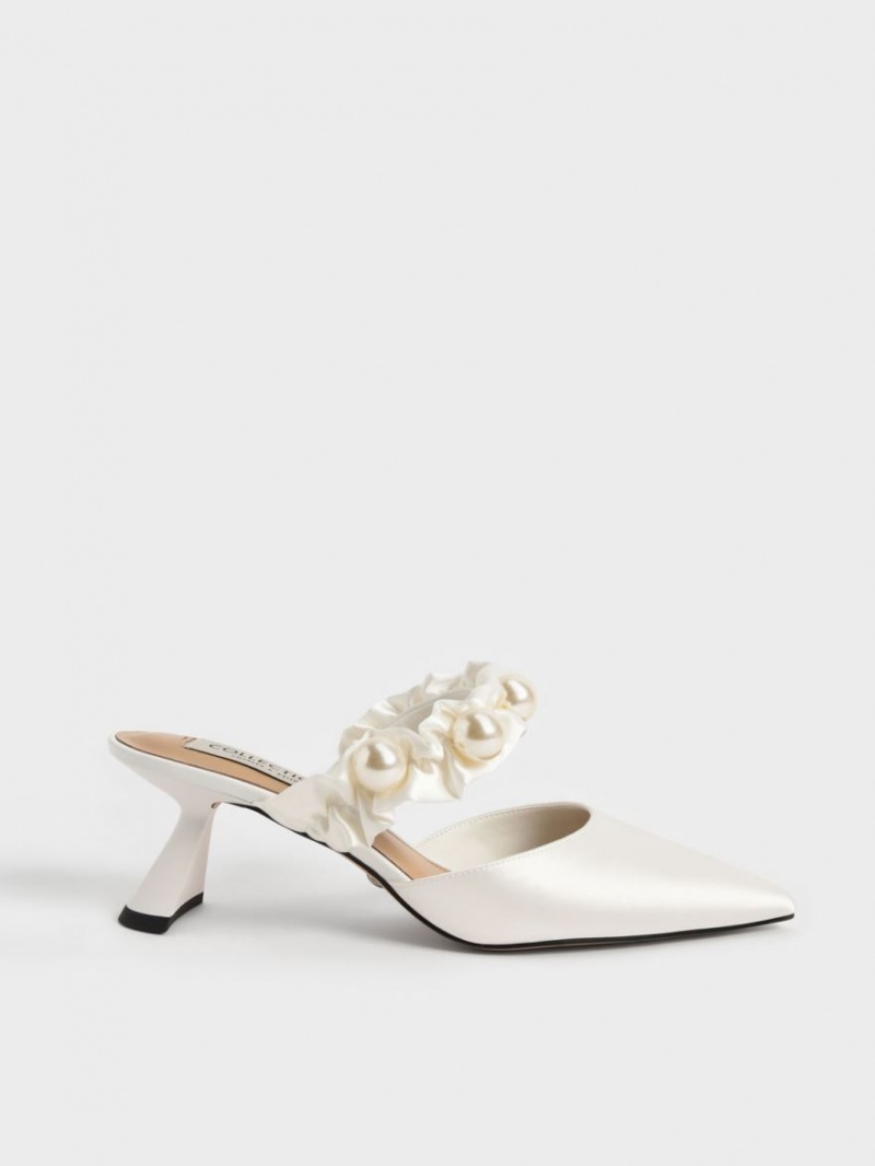 Charles & Keith Blythe Bead Embellished Satin Pumps Weiß | 398IYTGBH