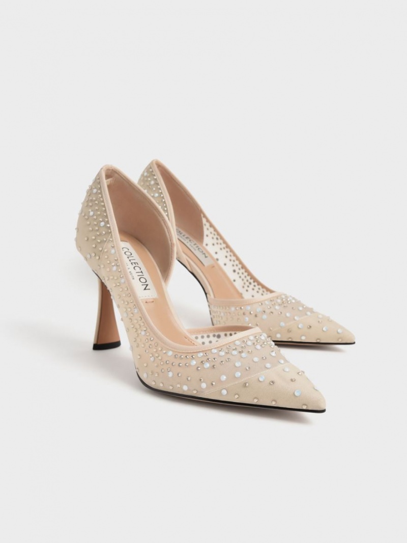 Charles & Keith Blythe Mesh Embellished Half-D'Orsay Pumps Beige | 278XADRWB