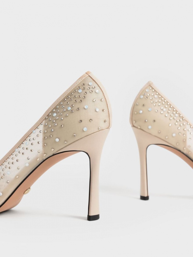 Charles & Keith Blythe Mesh Embellished Half-D'Orsay Pumps Beige | 278XADRWB