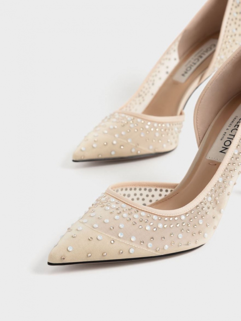 Charles & Keith Blythe Mesh Embellished Half-D'Orsay Pumps Beige | 278XADRWB