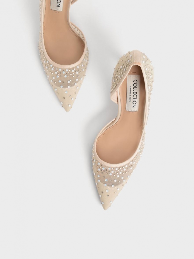 Charles & Keith Blythe Mesh Embellished Half-D'Orsay Pumps Beige | 278XADRWB