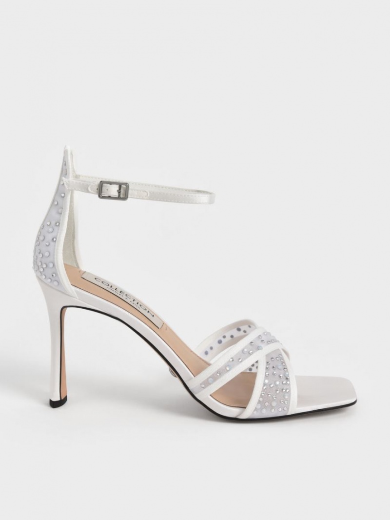 Charles & Keith Blythe Mesh & Satin Embellished Sandalen Absatz Weiß | 082LHDONJ