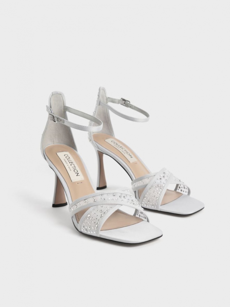 Charles & Keith Blythe Mesh & Satin Embellished Sandalen Absatz Silber | 837WOFURI