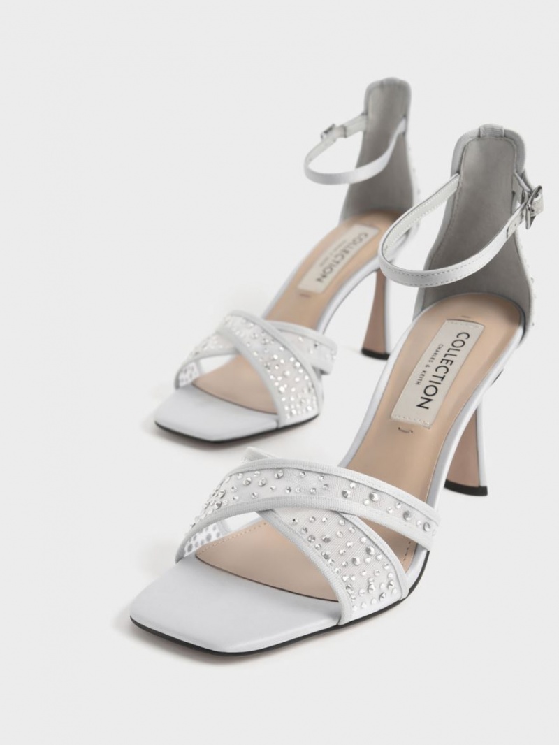 Charles & Keith Blythe Mesh & Satin Embellished Sandalen Absatz Silber | 837WOFURI