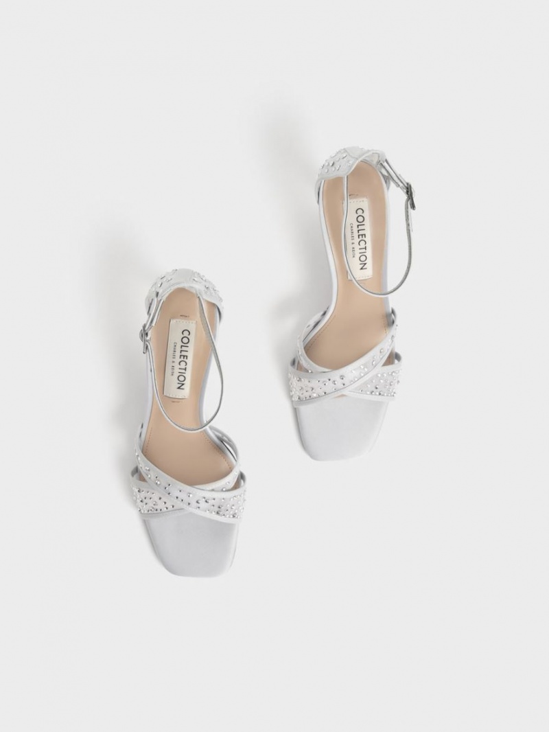 Charles & Keith Blythe Mesh & Satin Embellished Sandalen Absatz Silber | 837WOFURI