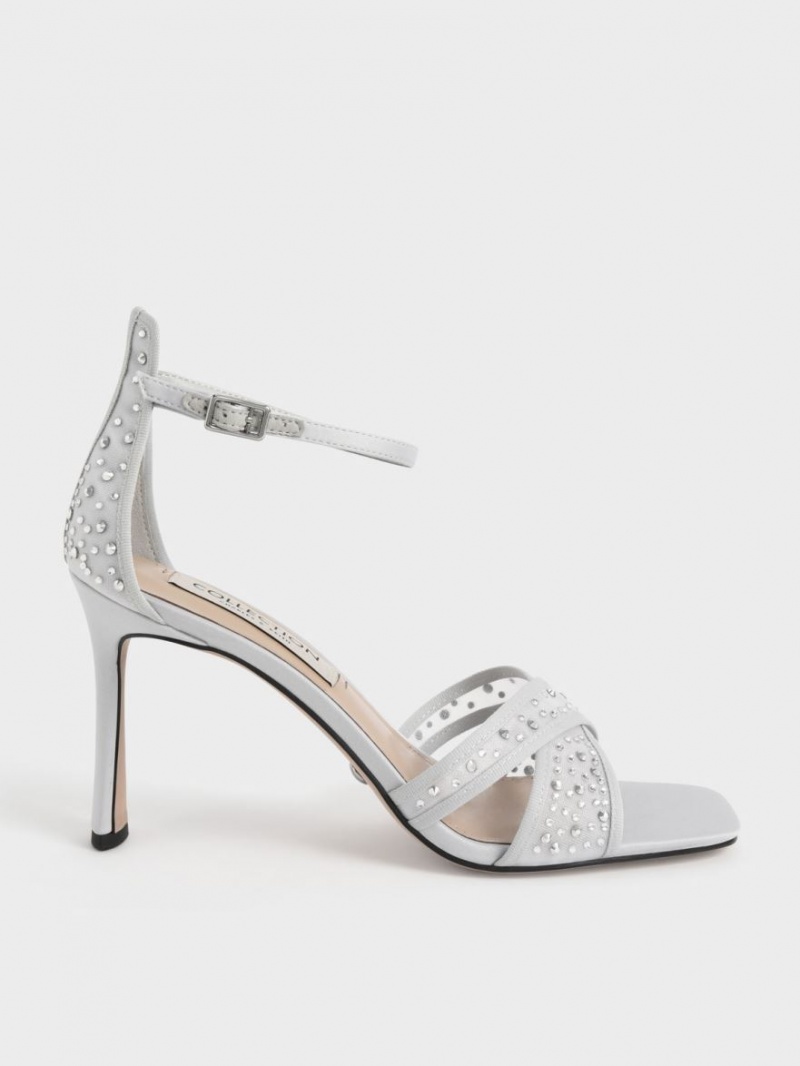 Charles & Keith Blythe Mesh & Satin Embellished Sandalen Absatz Silber | 837WOFURI