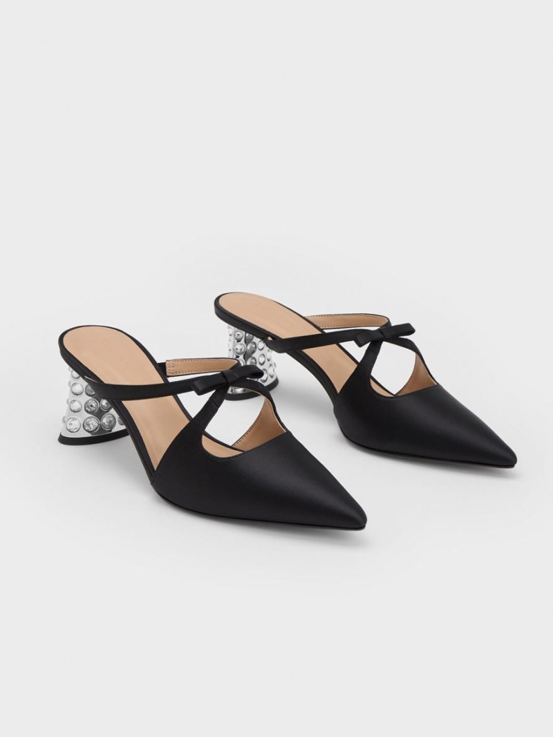 Charles & Keith Bow Crossover Gem-Embellished Mules Schwarz | 589IAJCLS