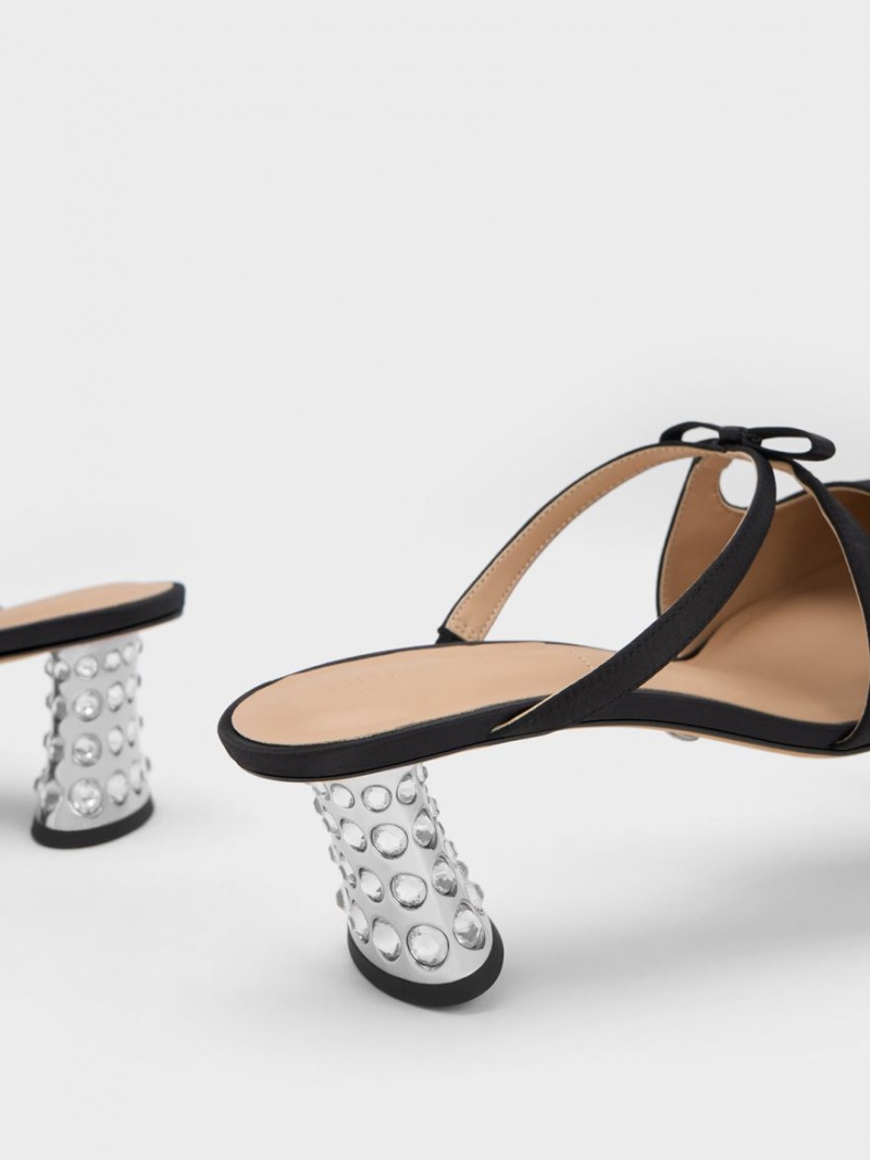 Charles & Keith Bow Crossover Gem-Embellished Mules Schwarz | 589IAJCLS