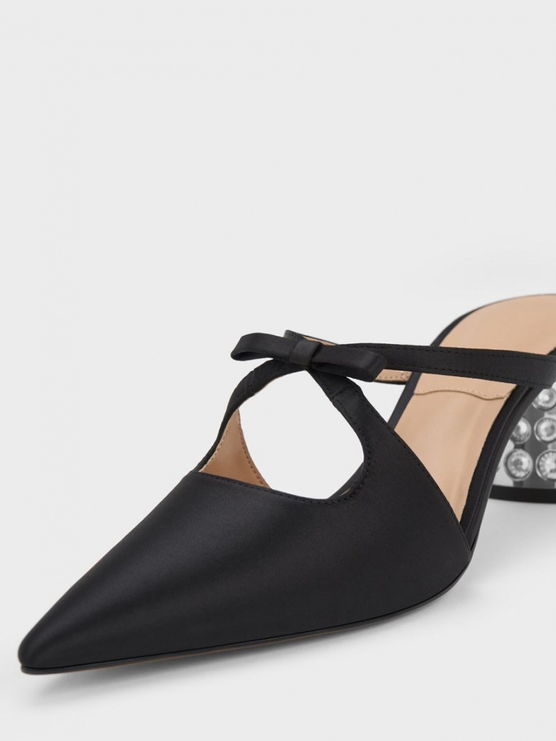 Charles & Keith Bow Crossover Gem-Embellished Mules Schwarz | 589IAJCLS