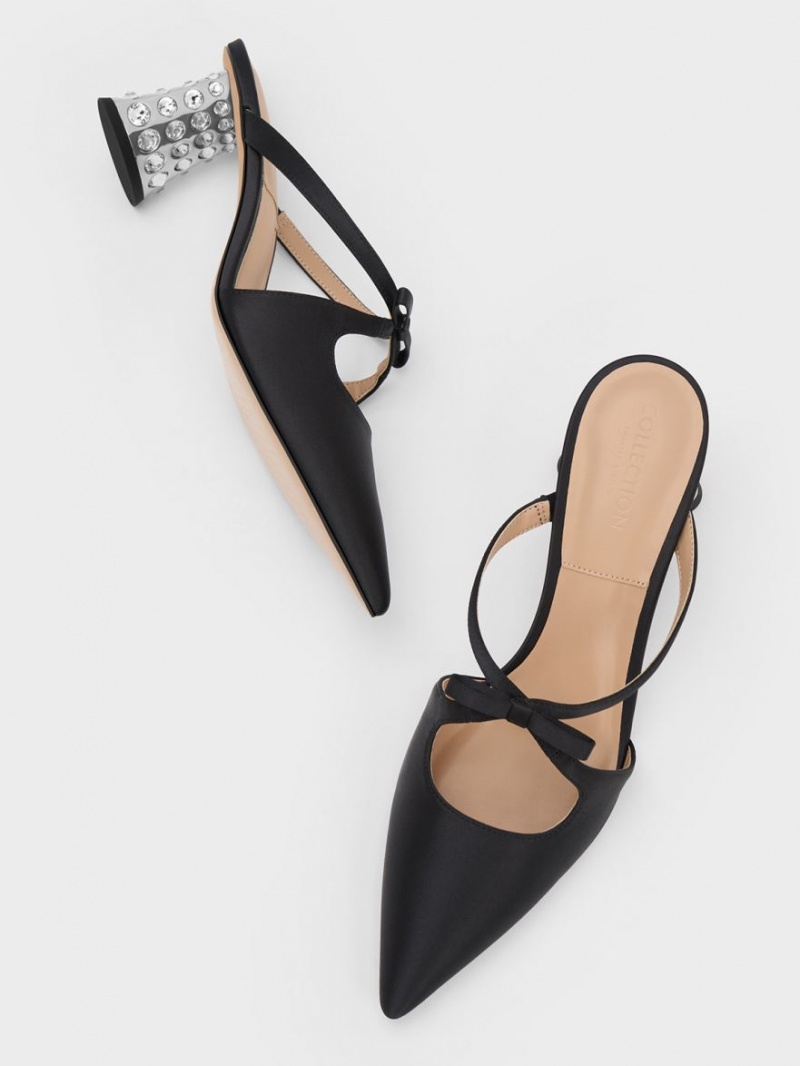 Charles & Keith Bow Crossover Gem-Embellished Mules Schwarz | 589IAJCLS