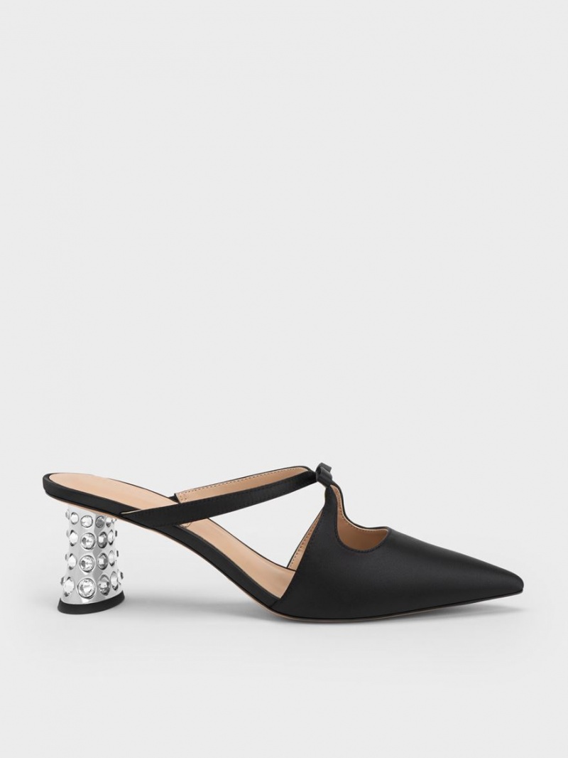 Charles & Keith Bow Crossover Gem-Embellished Mules Schwarz | 589IAJCLS