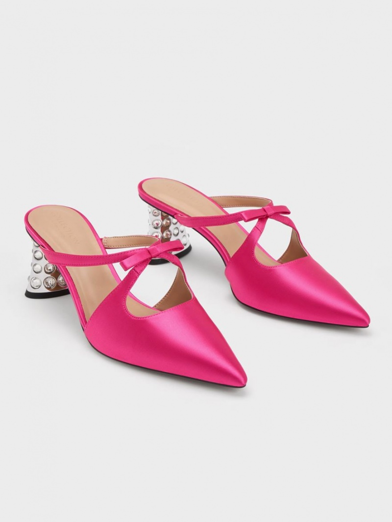 Charles & Keith Bow Crossover Gem-Embellished Mules Rosa | 163RVAHMT