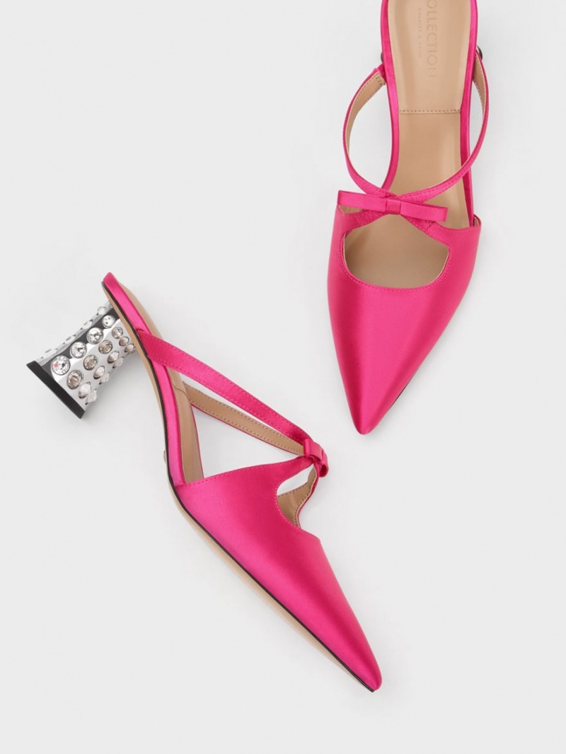 Charles & Keith Bow Crossover Gem-Embellished Mules Rosa | 163RVAHMT