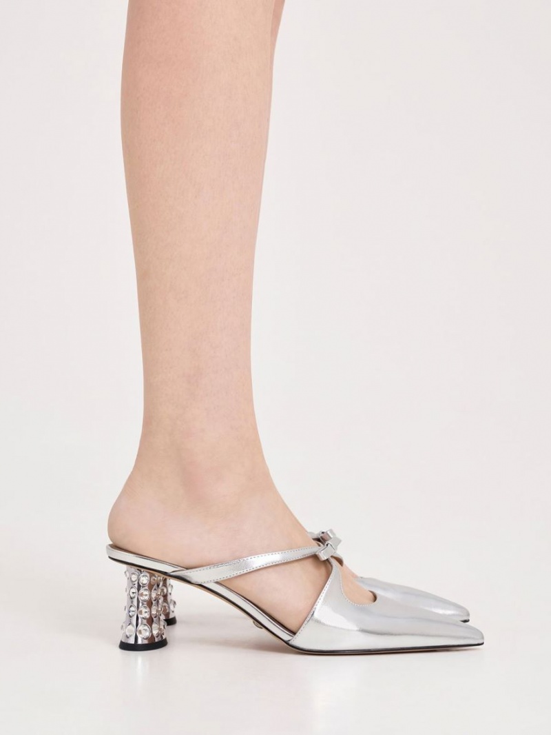 Charles & Keith Bow Crossover Gem-Embellished Mules Silber | 843DZXHRI