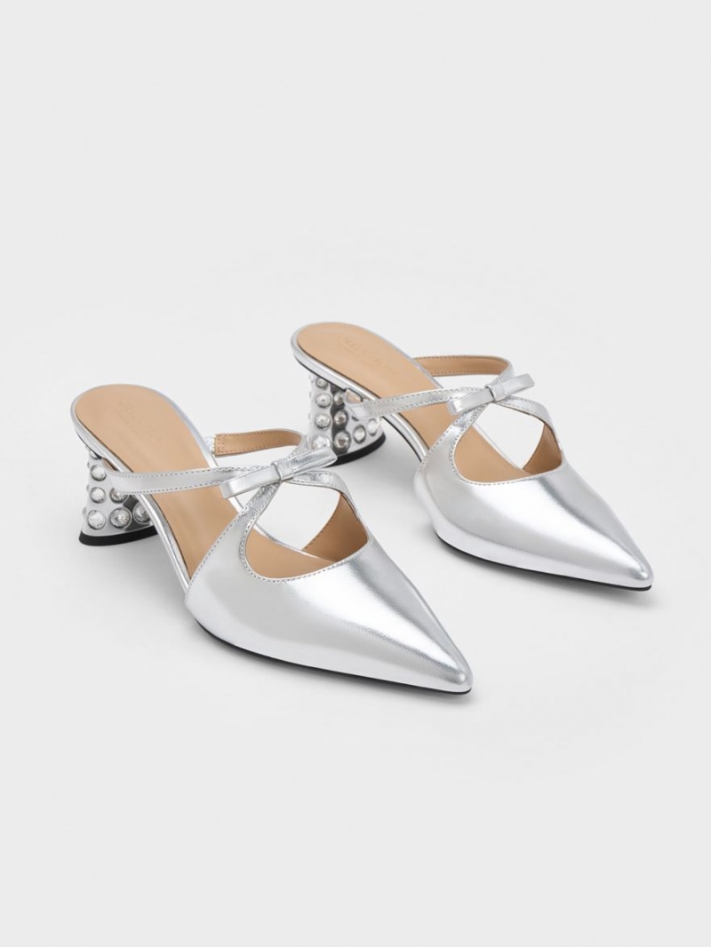 Charles & Keith Bow Crossover Gem-Embellished Mules Silber | 843DZXHRI