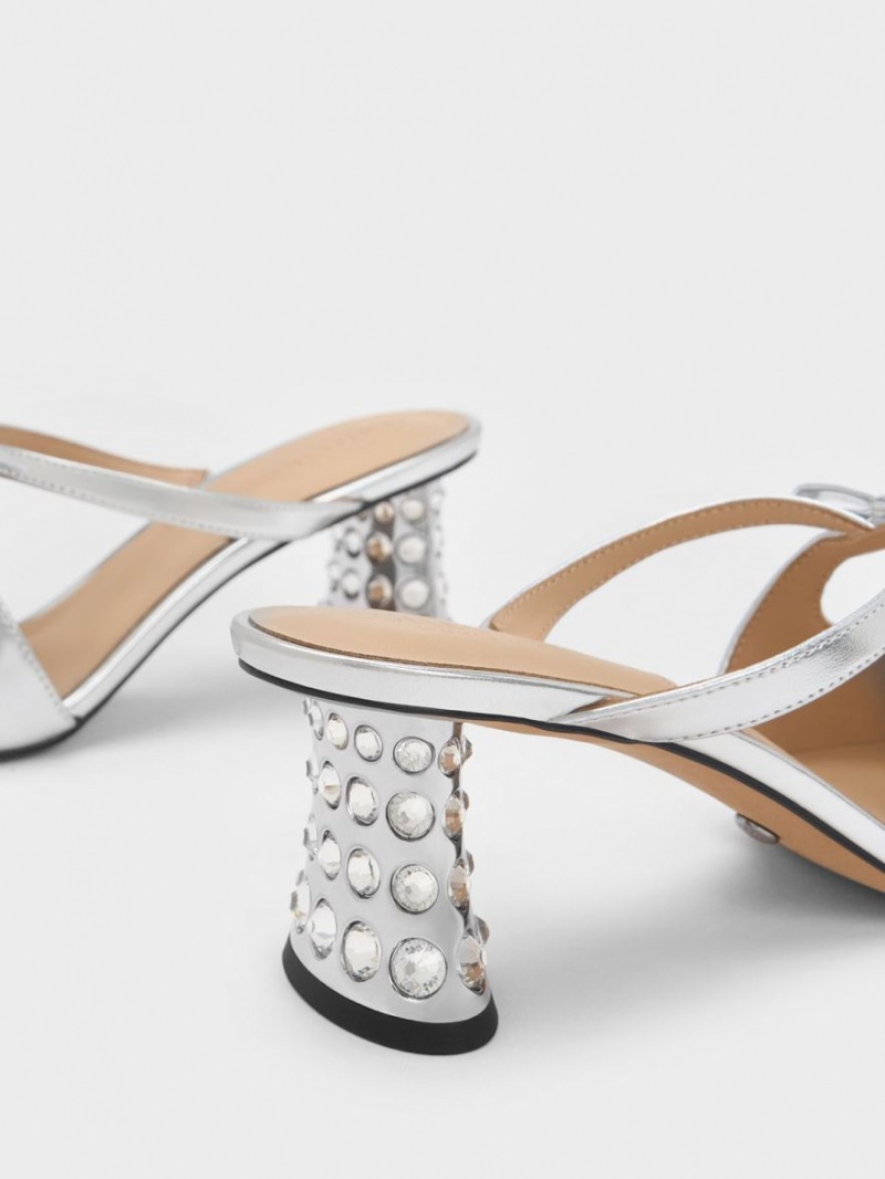 Charles & Keith Bow Crossover Gem-Embellished Mules Silber | 843DZXHRI