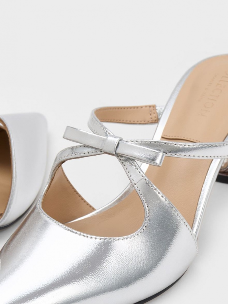 Charles & Keith Bow Crossover Gem-Embellished Mules Silber | 843DZXHRI