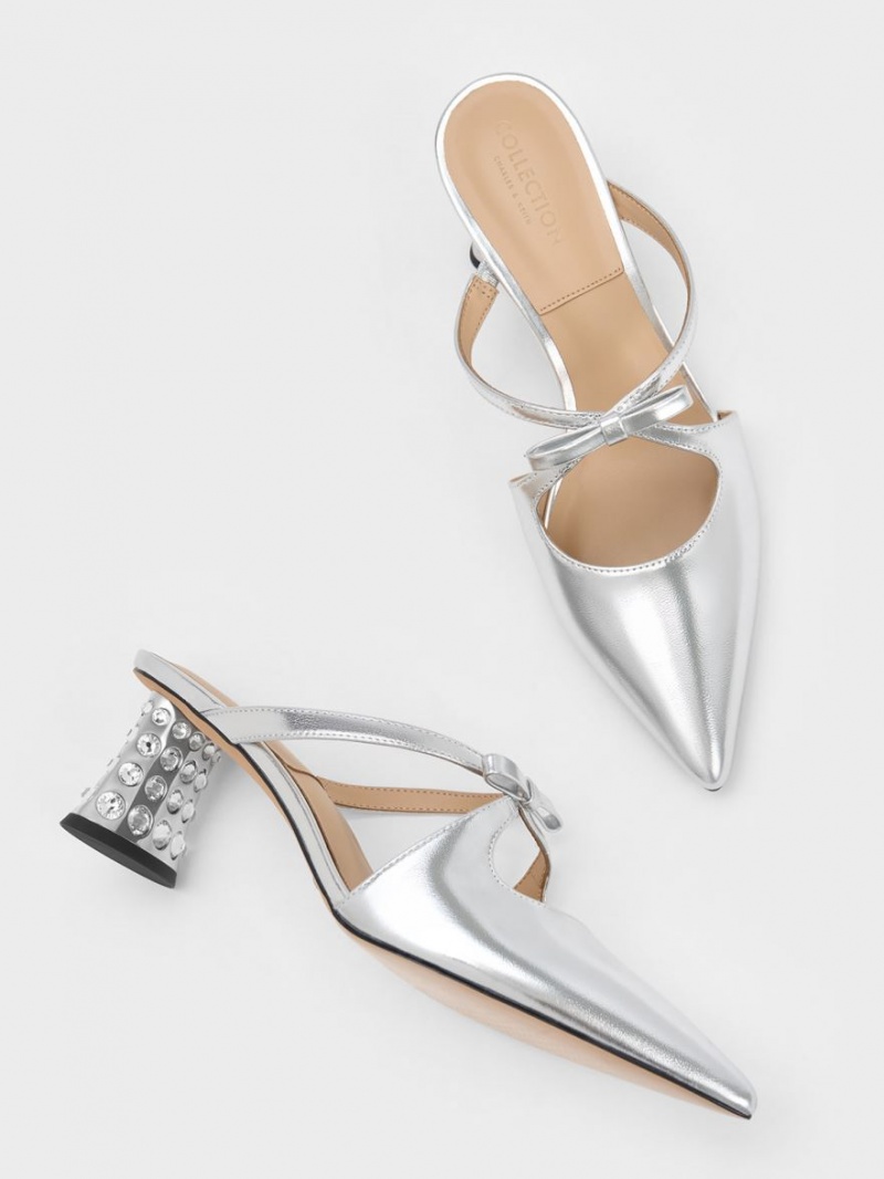 Charles & Keith Bow Crossover Gem-Embellished Mules Silber | 843DZXHRI