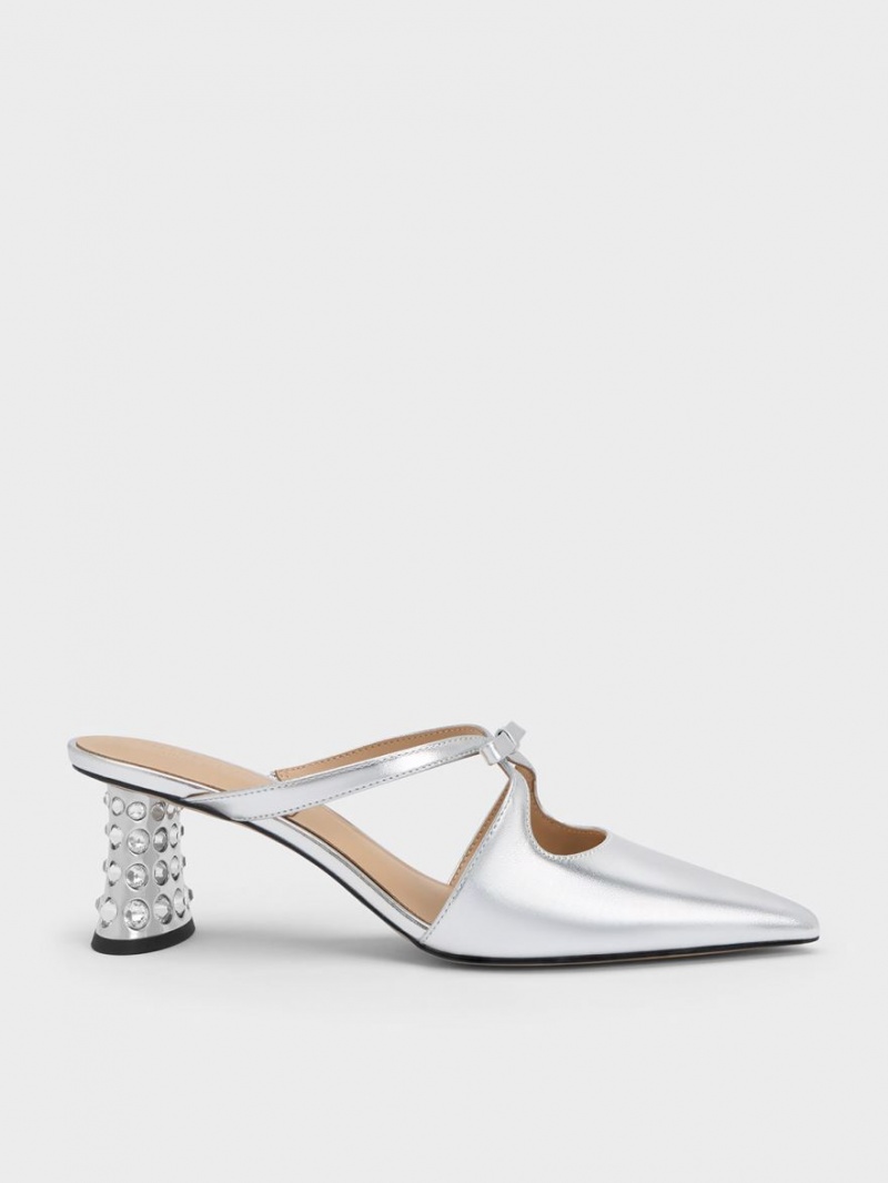 Charles & Keith Bow Crossover Gem-Embellished Mules Silber | 843DZXHRI