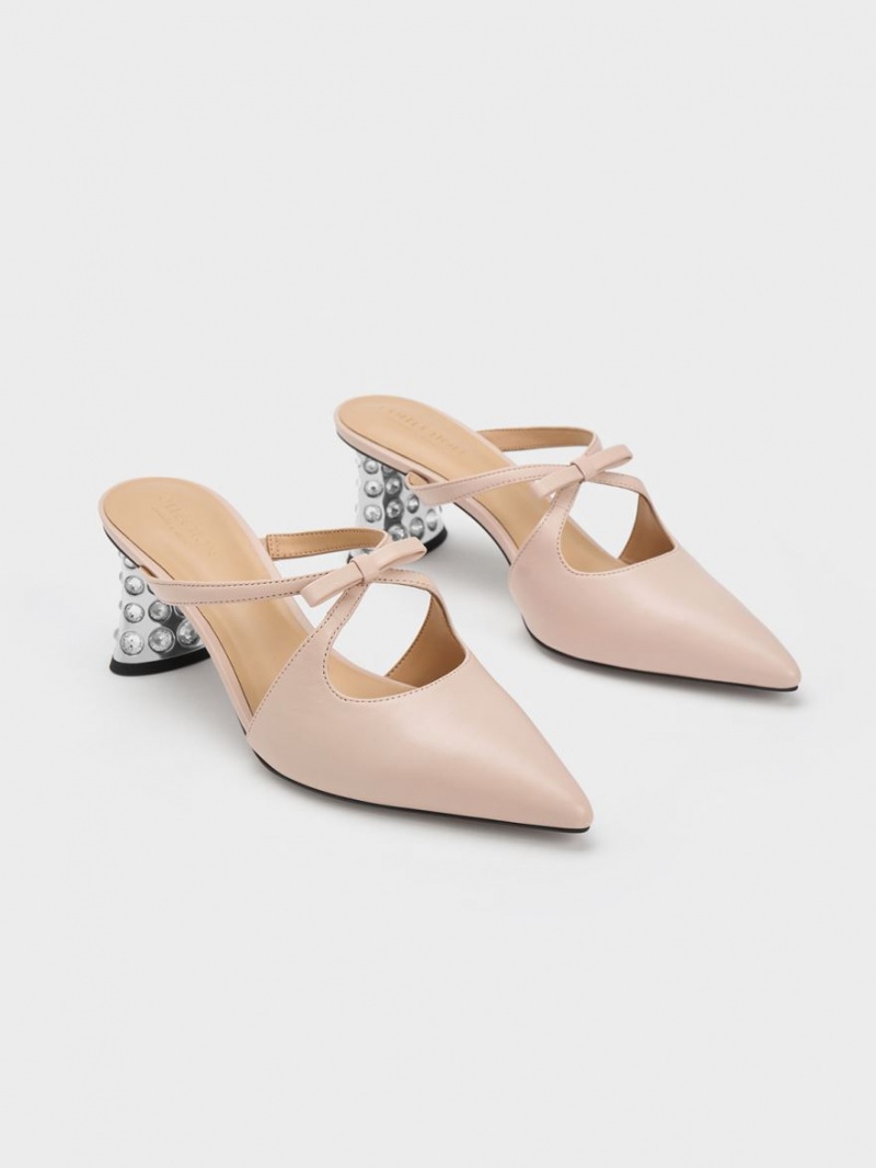 Charles & Keith Bow Crossover Gem-Embellished Mules Beige | 640ECANKQ