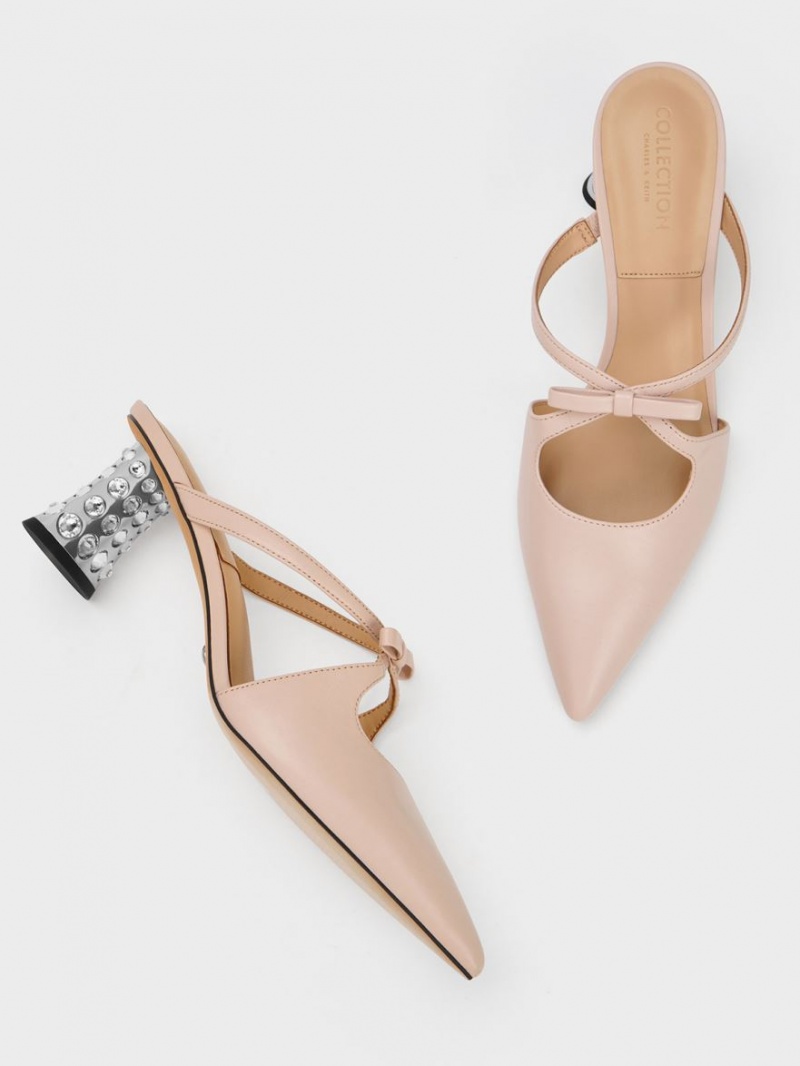 Charles & Keith Bow Crossover Gem-Embellished Mules Beige | 640ECANKQ