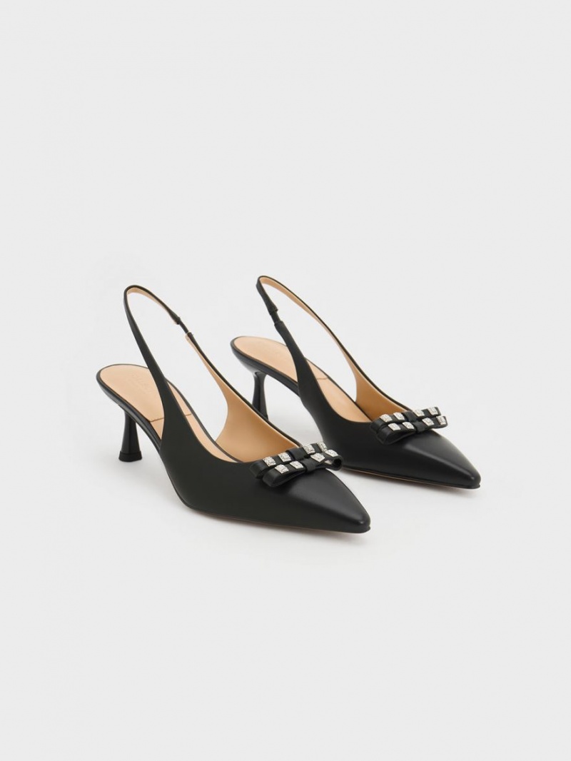 Charles & Keith Bow Crystal-Embellished Leder Slingback Pumps Schwarz | 785XDEKBW