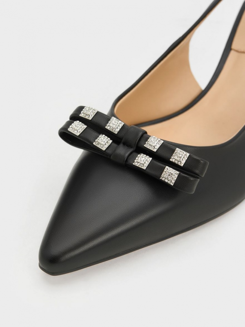 Charles & Keith Bow Crystal-Embellished Leder Slingback Pumps Schwarz | 785XDEKBW