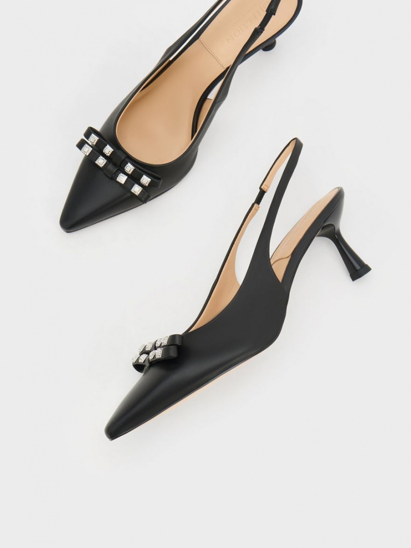 Charles & Keith Bow Crystal-Embellished Leder Slingback Pumps Schwarz | 785XDEKBW