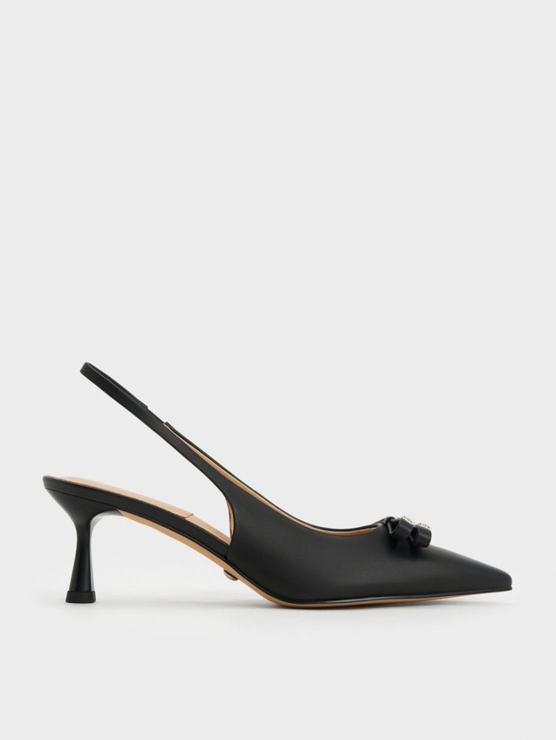 Charles & Keith Bow Crystal-Embellished Leder Slingback Pumps Schwarz | 785XDEKBW