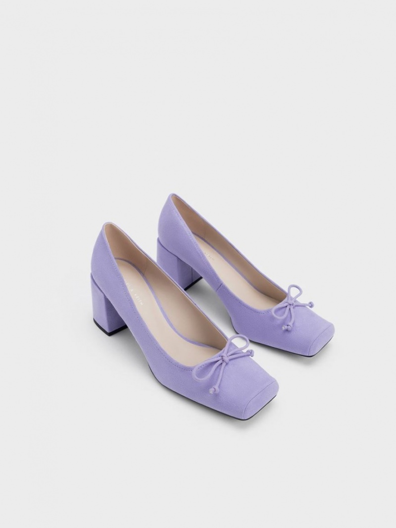 Charles & Keith Bow Square-Kappe Textured Pumps Lila | 869ELYRPA