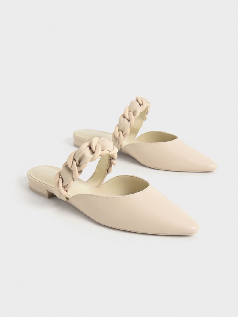 Charles & Keith Braided Chain-Link Flache Mules Beige | 725CKPBNX