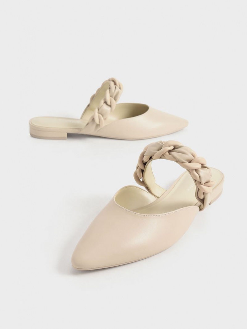 Charles & Keith Braided Chain-Link Flache Mules Beige | 725CKPBNX