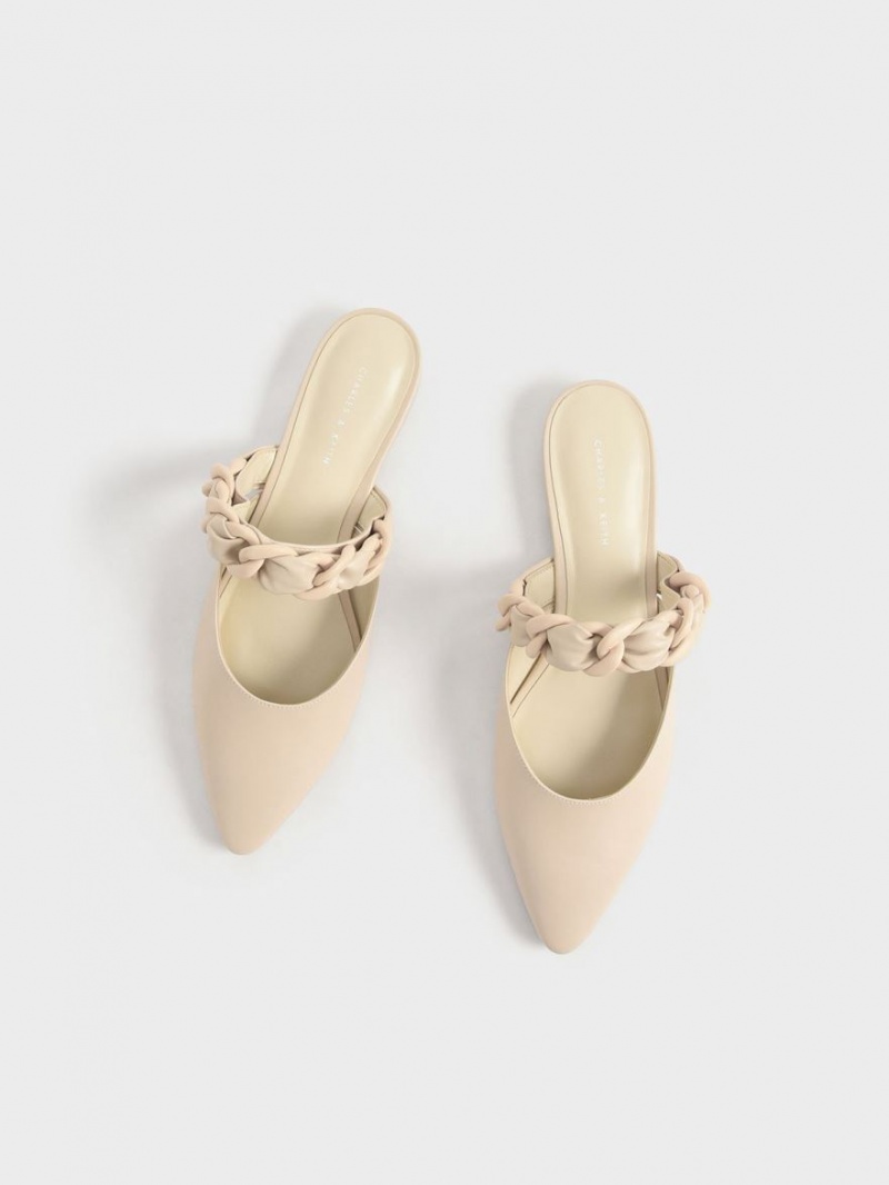 Charles & Keith Braided Chain-Link Flache Mules Beige | 725CKPBNX