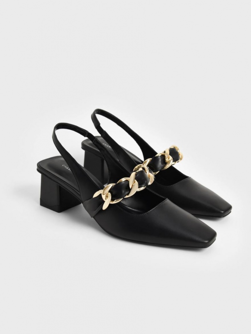 Charles & Keith Braided Chain-Link Slingback Pumps Schwarz | 283XYBEQH