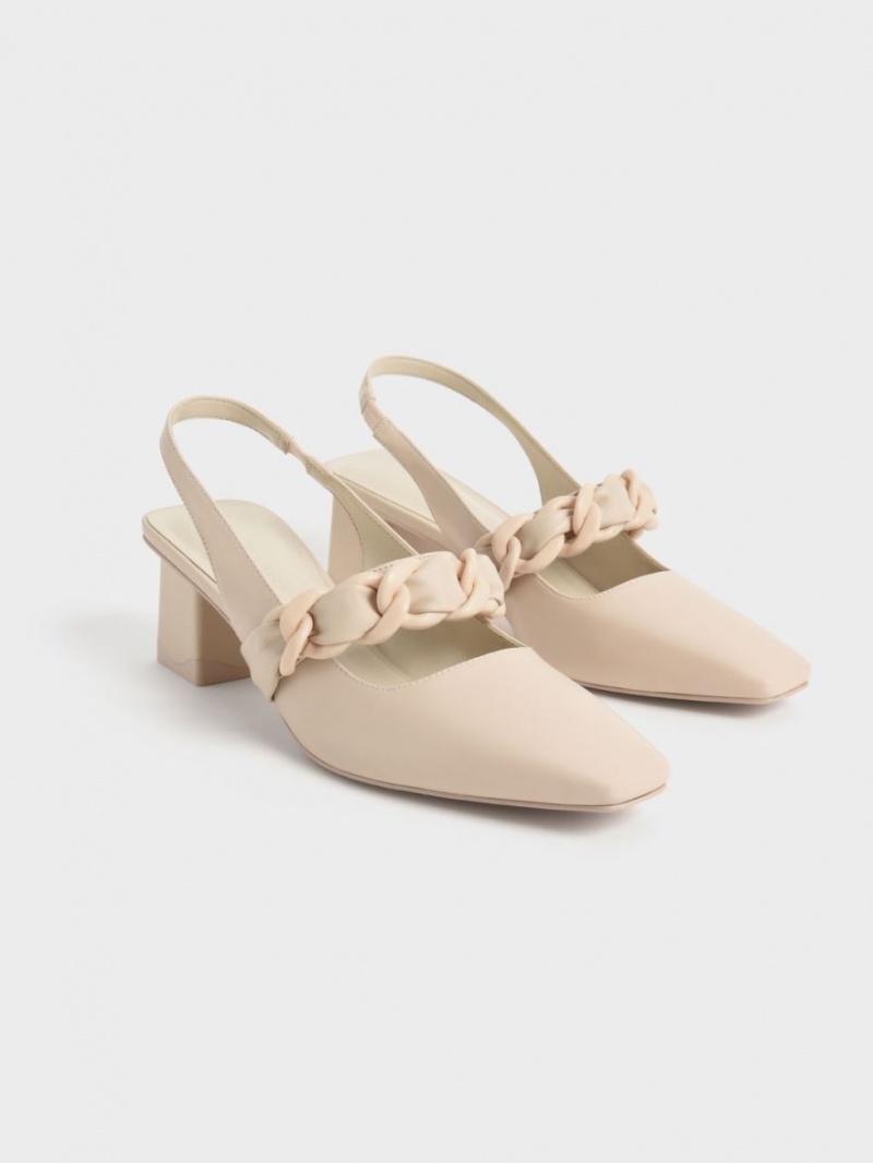 Charles & Keith Braided Chain-Link Slingback Pumps Beige | 981CZVAHD