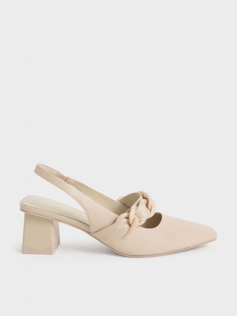 Charles & Keith Braided Chain-Link Slingback Pumps Beige | 981CZVAHD