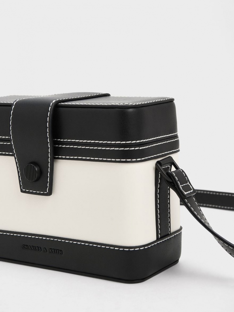 Charles & Keith Bronte Contrast-Trim Boxy Crossbody Taschen Schwarz Weiß | 706HKTRYE