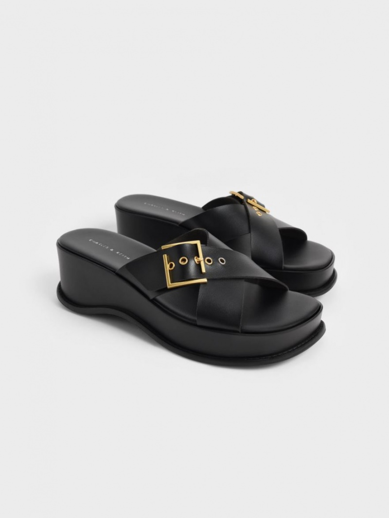 Charles & Keith Buckled Crossover Plateausandalen Schwarz | 185STZVAQ