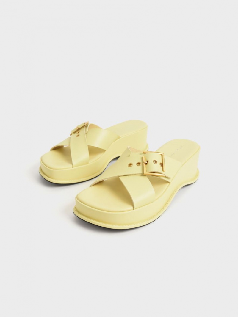 Charles & Keith Buckled Crossover Plateausandalen Gelb | 198FIQGYT