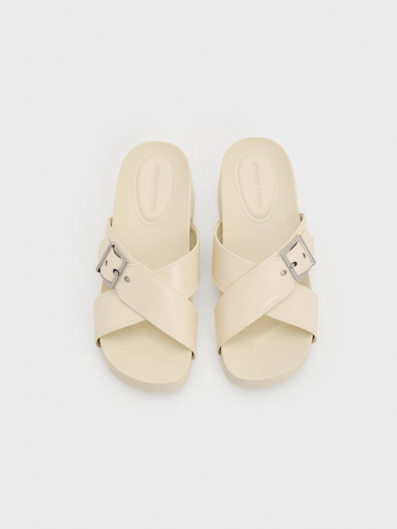 Charles & Keith Buckled Crossover Plateausandalen Weiß | 895QSYMLZ