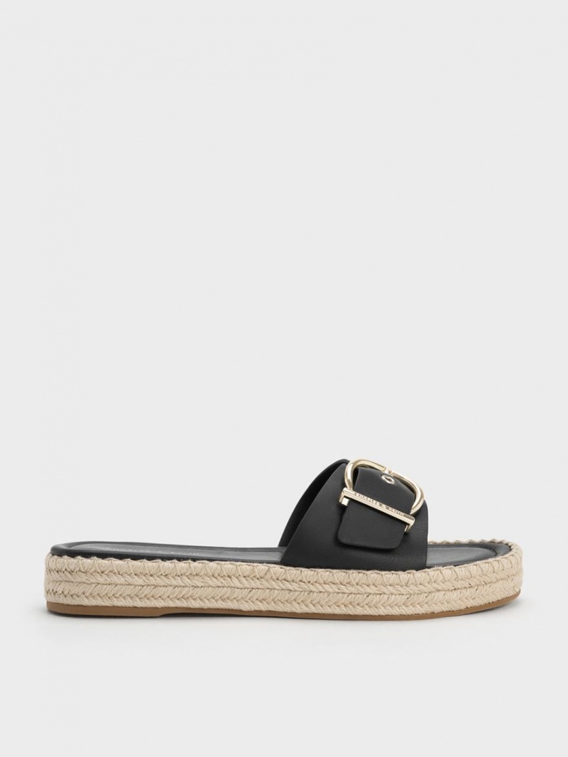 Charles & Keith Buckled Espadrilles Sandalen Flach Schwarz | 942YIWUHC