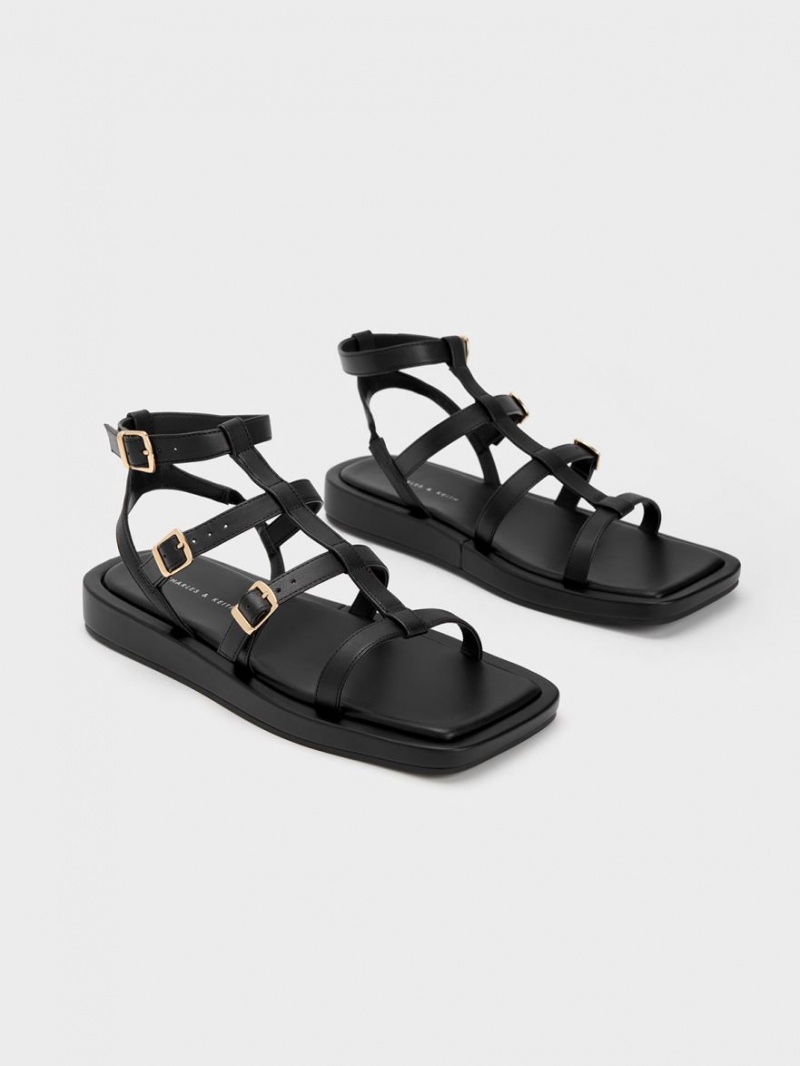 Charles & Keith Buckled Gladiator Sandalen Flach Schwarz | 408IJUXAY