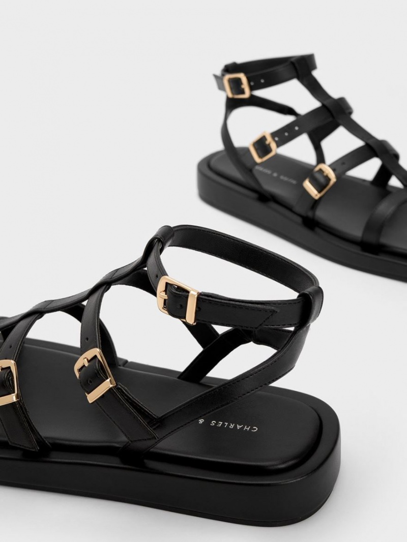 Charles & Keith Buckled Gladiator Sandalen Flach Schwarz | 408IJUXAY