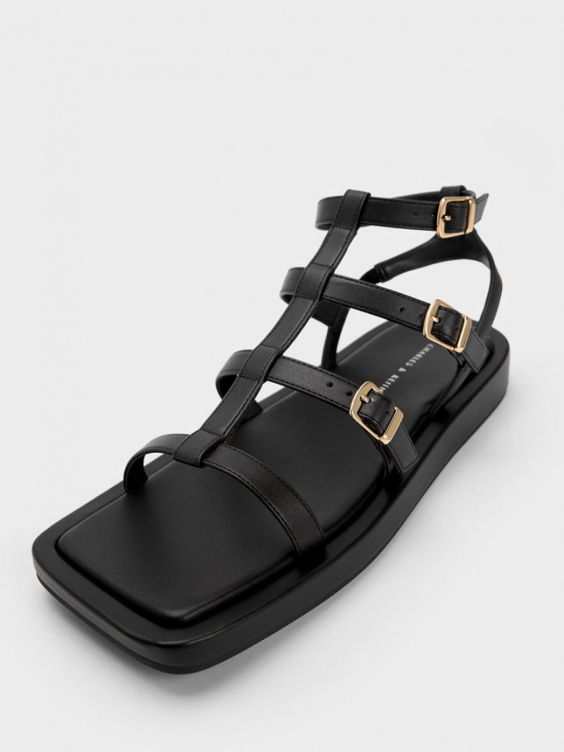 Charles & Keith Buckled Gladiator Sandalen Flach Schwarz | 408IJUXAY