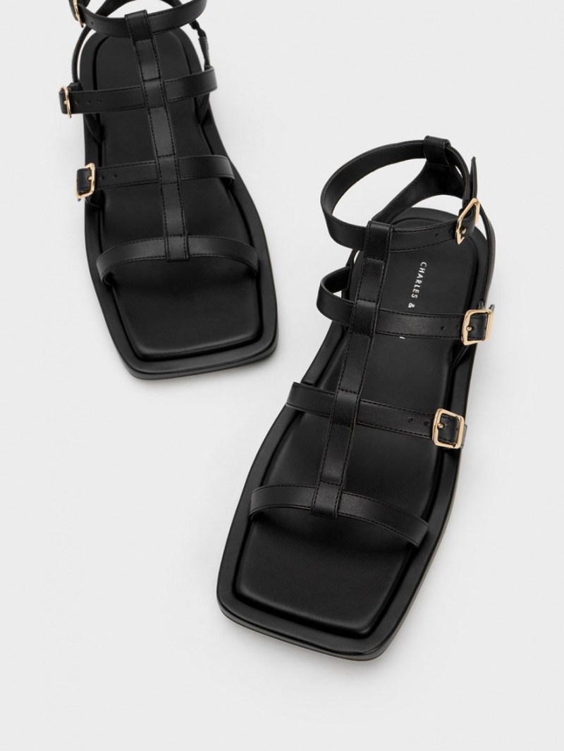 Charles & Keith Buckled Gladiator Sandalen Flach Schwarz | 408IJUXAY