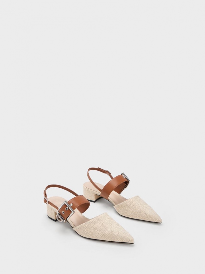 Charles & Keith Buckled Riemen Linen Slingback Pumps Beige | 135QZELJH